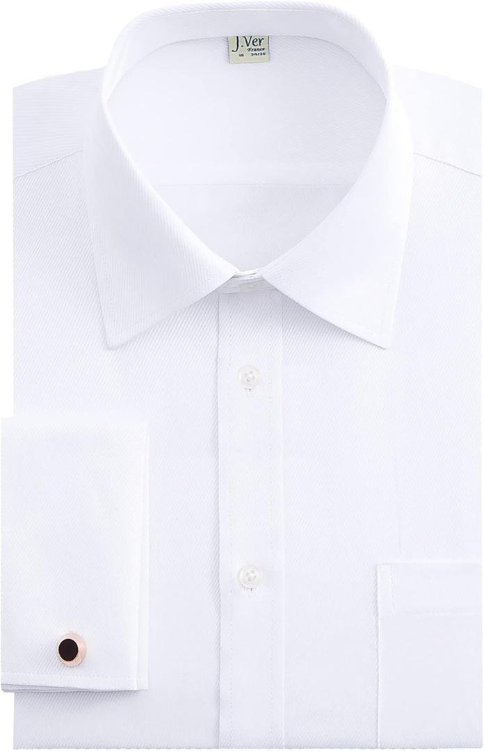 J.VER Men's French Cuff Dress Shirts Regular Fit Long Sleeve Spread Collar Metal Cufflink (White, 18.5" Neck 34"-35" Sleeve)