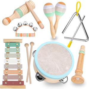 Raimy Kids Musical Instruments Set - Neutral Colors Wooden Montessori Toys Percussion Music Modern Boho Xylophone Birthday Gifts for 1 2 3 Year Old Baby Toddlers Boys Girls 3+ with Storage Bag
