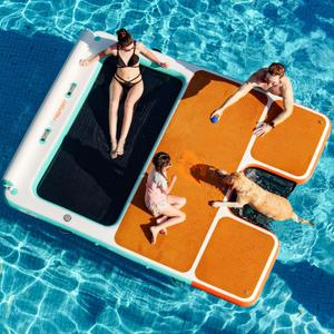FBSPORT Inflatable Floating Dock 10ft/8ft Dog Boat Ramp in One, Floating Docks Dog Pool Ramp with Water Hammock, Lake Floats for Adults Inflatable Island Platform Water Raft with Ladder