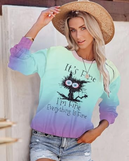 MNLYBABY It's Fine I'm Fine Everything Is Fine Sweatshirt Women Cute Black Cat Tee Tie Dye Cat lover Long Sleeve Top, M