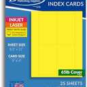 65lb Bright Yellow Printable Index Cards 3x5 - Index Card Sheets for Inkjet & Laser Printers - Perforated cards 4 per page - 25 Sheets / 100 Index Cards