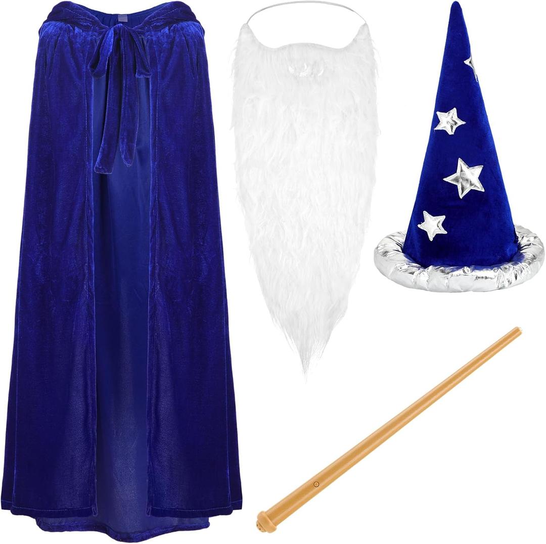Ramede 4 Pcs Wizard Costume Include Wizard Hat Cloak Beard and Wand for Halloween Party Costume, 47.2"