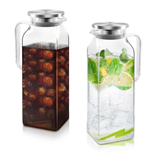 68 oz Borosilicate Square Glass Pitcher with Lid and Spout, Heat Resistant -4°F to 302°F, Lightweight Water Pitchers, Water Jugs, Glass Carafe with Handle, Ideal for Fridge Storage(2Pack)