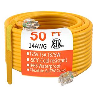 HUANCHAIN 50 ft 14/3 Gauge Heavy Duty Outdoor Extension Cord Waterproof with Lighted, Flexible Cold Weather 3 Prong Electric Cord Outside, 15A 1875W 125V 14AWG SJTW, Yellow, ETL Listed