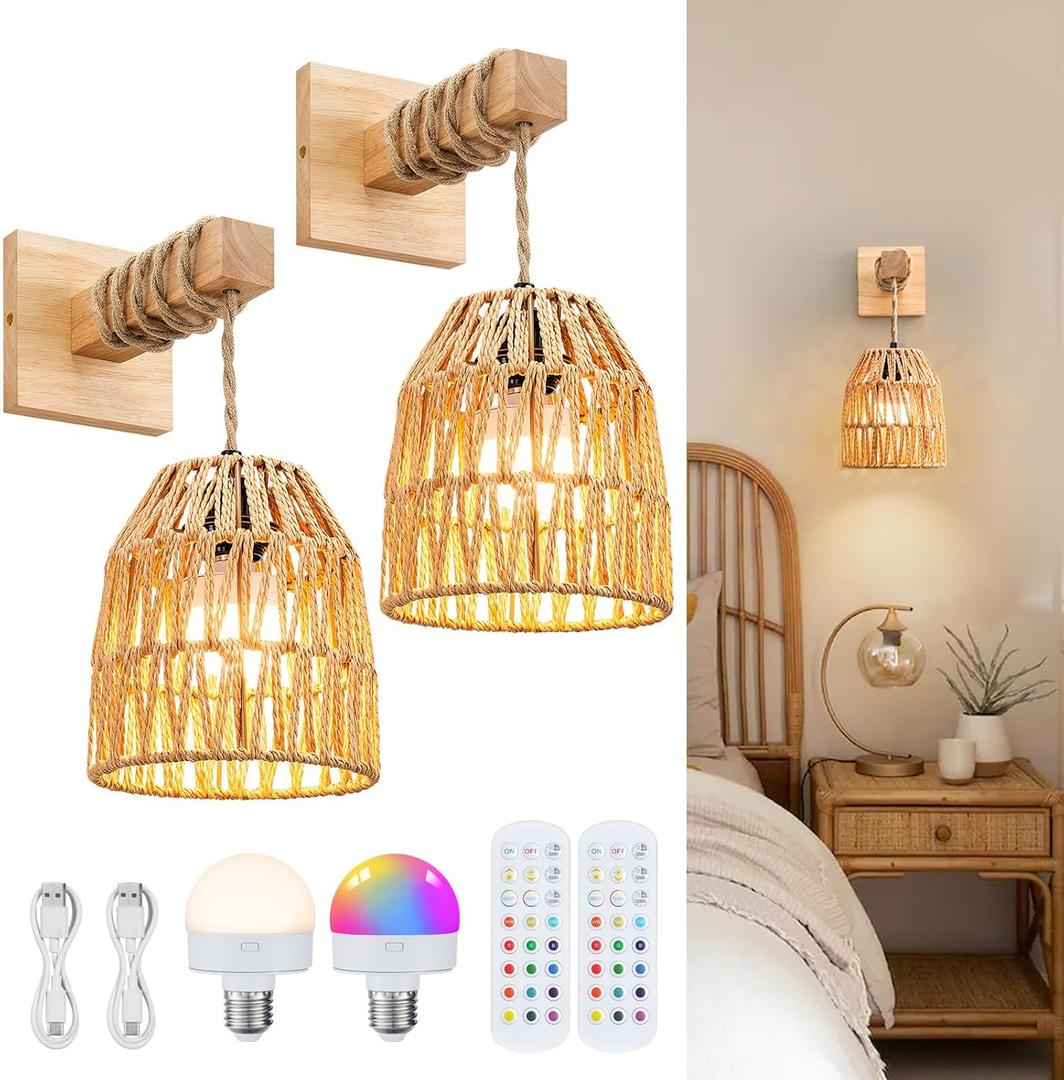 Rattan Wall Sconces Battery Operated, Boho Wall Sconce, Battery Operated Wall Sconce Set of Two, Rechargeable Woven Lantern Wireless Wall Light/Lamp for Bedroom Home Decor