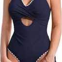 AI'MAGE Women One Piece Swimsuit 2025 Tummy Control Cutout Bathing Suit Wrap Tie Back Swimwear Shell Stitched (Large, Ink Blue)