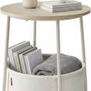 SONGMICS HOME Small Side Table, Round End Table, 2 Tier Nightstand with Basket, U Shaped Steel Legs, Easy Assembly, for Living Room, Bedroom, Beige and White