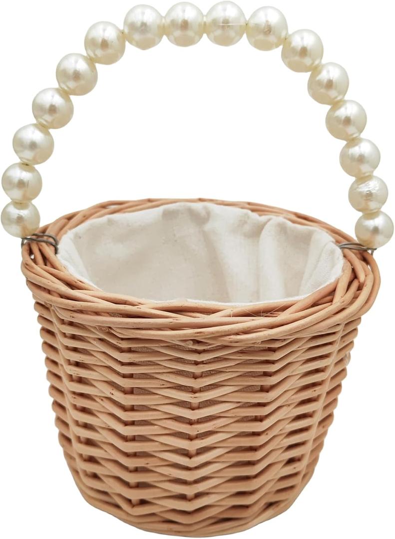 Rustic Wicker Rattan Wedding Flower Girl Baskets,Woven Rattan Storage Basket with Pearl Handles,Woven Eggs Candy Basket for Wedding Home Garden Decor (A)