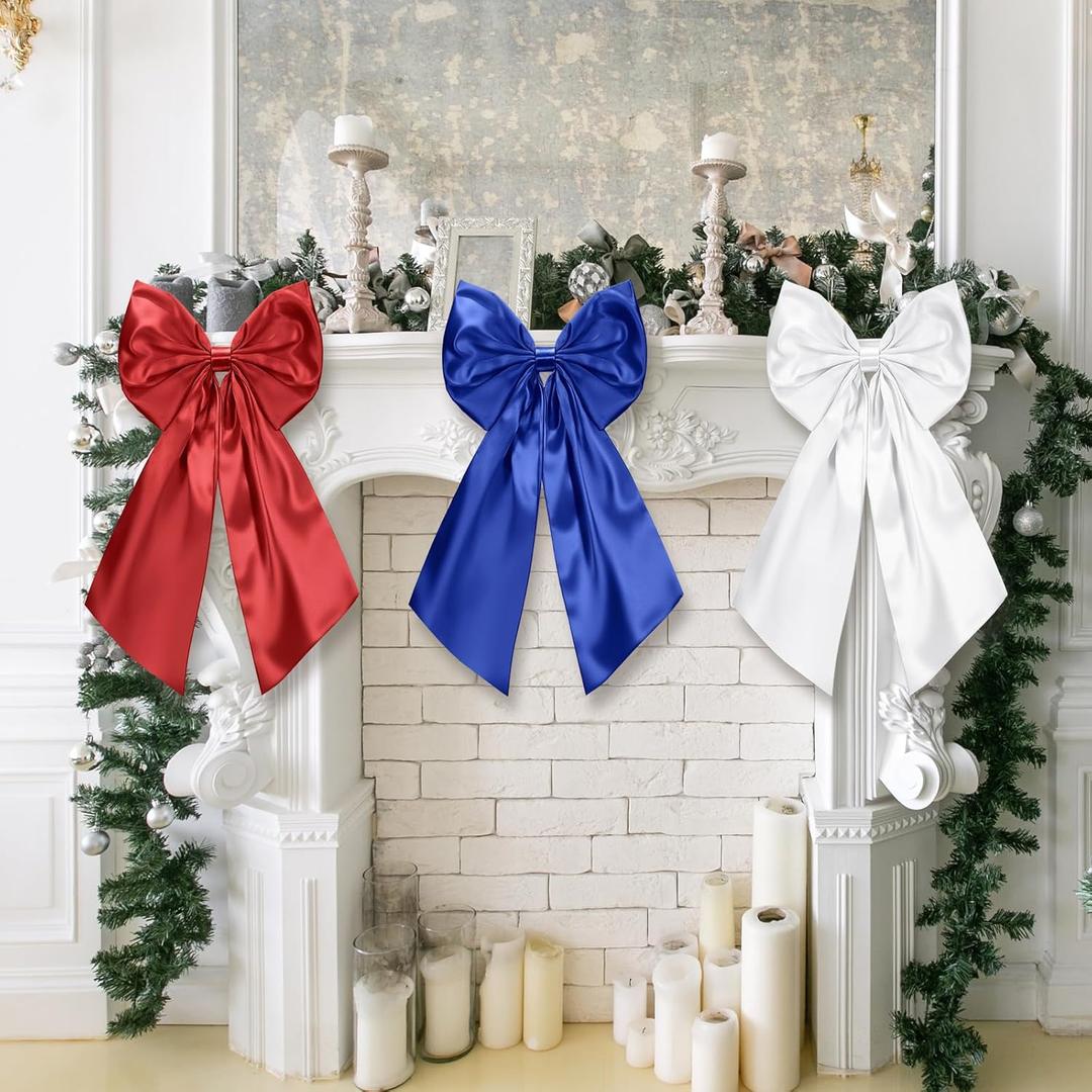 3 Pcs 2 ft Large Christmas Bow Decorations Big Red White Blue Satin Bows Hanging Wall Decors for Room Fireplace Veterans Memorial Day Christmas Party Supplies