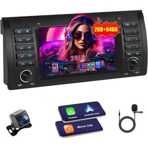 [2G+64G] Android Car Stereo for BMW 5 Series E39 1996-2003 (E39)/BMW X5 E53 2002-2007/BMW M5 1996-2003 with Wireless Carplay Android Auto, 7 Inch HD Touch Screen with GPS WiFi Bluetooth FM/RDS