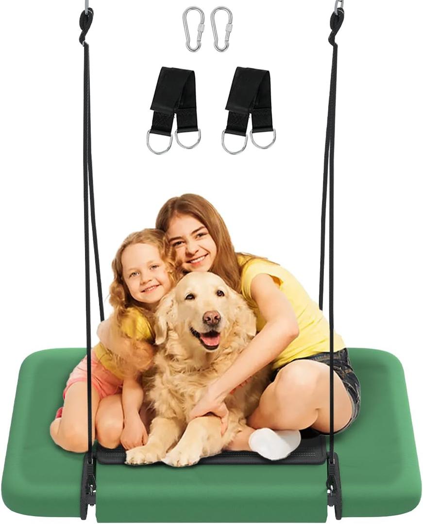 40" Rectangular Tree Swing for Kids & Adults, Adjustable Platform Swing with Hanging Straps, 700lbs Capacity, Waterproof Giant Swings for Backyard Outdoor & Indoor Use, Green & Black