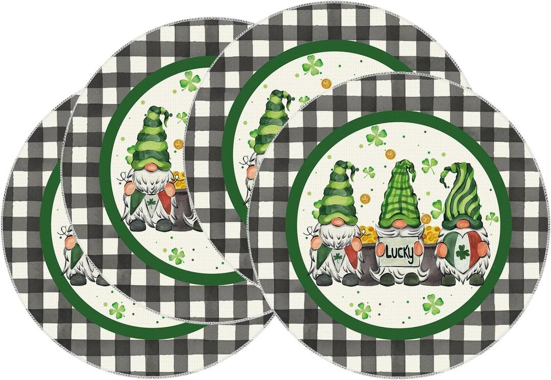 2 x XCHI Plaid Gnomes Shamrocks Clovers Golds St. Patrick's Day Round Placemats Set of 4 Table Mats for Party Home Kitchen Dining Table Decorations 14x14 Inch