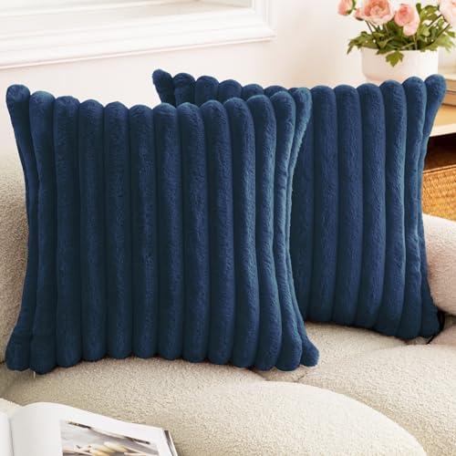 BAOLIZEGAO Double-Sided Faux Fur Plush Throw Pillow Covers 20x20 Set of 2 Fuzzy Striped Soft Cozy Pillowcase Luxury Decorative Pillows Square Fluffy Cushion Cover for Couch Sofa Bed,Navy Blue