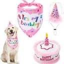 Dog Birthday Bandana Set - Cute Hat and Squeaky Cake Toy for Birthday Party Supplies Gift - Great for Small Medium Large Dogs Pink