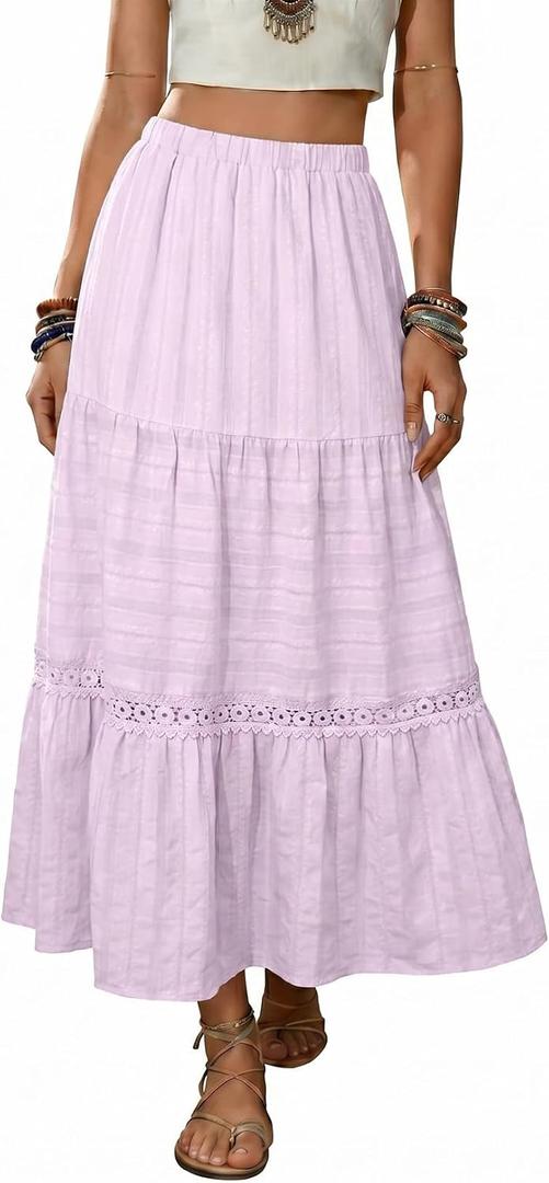 BLENCOT Women's Long Skirt Boho Crochet Lace Tiered High Waisted Cotton A-Line Flowy Maxi Skirt (Purple, S)