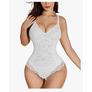 SHAPSHE Lace Bodysuits for Women Sexy V Neck Lined Slimming Thong Shapewear Tummy Control Sleeveless Body Suit, Size XL