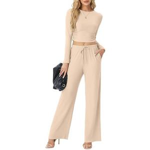 FREEOAK Women's Two Piece Outfits Lounge Sets Long Sleeve Ruched Top & Wide Leg High Waist Pants with pockets Size XL