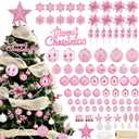 Ktinnead 94 Pcs Christmas Tree Decorations Set, Pink Shatterproof Christmas Tree Hanging Ball Ornaments with Glitter Poinsettia Flowers Decorations Berries Snowflakes for Xmas Party Holiday Wedding