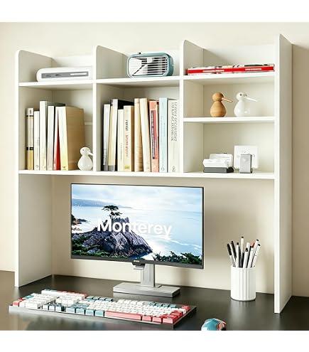 Clikuutory 2-Tier Desktop Bookshelf Hutch, Wood Countertop Storage Organizer with 4 Storage Compartments for Computer Desk, Multipurpose Tabletop Display Rack for Home Office Dorm Bedroom, White