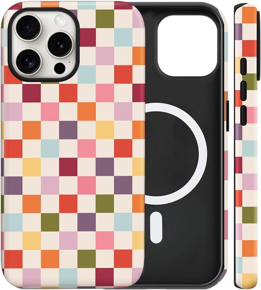 Magnetic for iPhone 14 Pro Max Case Cute Checkered Phone Case, Shockproof Slim TPU and Hard PC Protective Phone Cover Compatible with MagSafe Designed for Women Girls Gift, Colorful