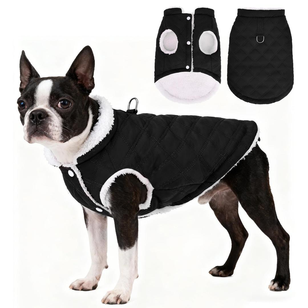 PUPTECK Dog Winter Coat, Warm Fleece Pet Jacket with Harness Built in, Water Resistant Windproof Collar Dog Puffer Vest, Doggy Snowsuits for Medium Small Dogs Cold Weather Apparel Outdoor, Black M