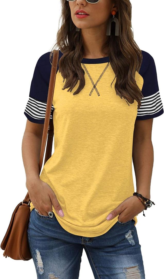 Adibosy Women Summer Casual Shirts: Short Sleeve Striped Tunic Tops - Womens Crew Neck Tee Tshirt Blouses (Large, 1 Yellow)