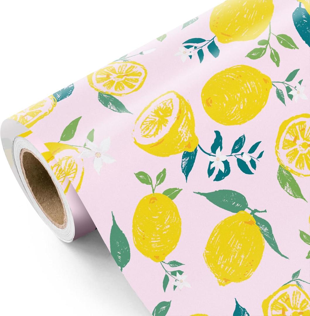 WRAPAHOLIC Lemon Wrapping Paper Roll - Mini Roll - 17 Inch x 33 Feet - Lemon and Leaves Design, Perfect for Birthday, Wedding, Bridal Shower