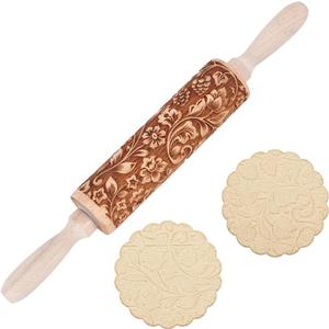 Embossed Wooden Rolling Pin Darker 3D Flower Rattan 35cm Rolling Pin for Thanksgiving Baking Biscuits DIY Kitchen Tool Baking Accessories Homemade Bakery Pastry Cookie Fondant Dough Pizza