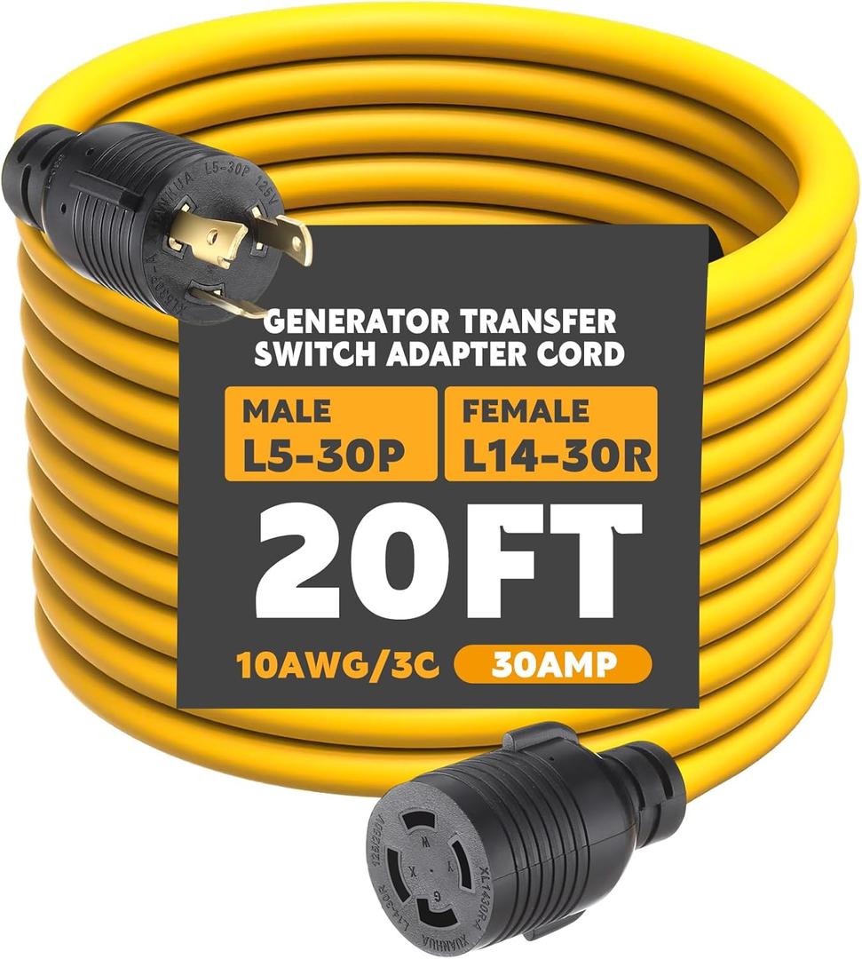Kanayu 20ft Generator Transfer Switch Adapter Cord Compatible with NEMA L5-30p to L14-30r, 30 Amp Locking 3 Prong to 4 Prong Adapter Rv Generator to House Inlet Box, STW 10 Awg, Etl Listed Kanayu 20ft Generator Transfer Switch Adapter Cord Compatible with NEMA L5-30p to L14-30r, 30 Amp Locking 3 Prong to 4 Prong Adapter Rv Generator to House Inlet Box, STW 10 Awg, Etl Listed