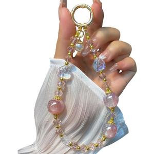 Phone Charm with Crystal/Handpainted Bead, Kawaii Hands-Free Wrist Strap for Women Girl, Cute Leopard Print Shell Bead, Luxury Bling Diamond Glitter Beaded, Phone Lanyard