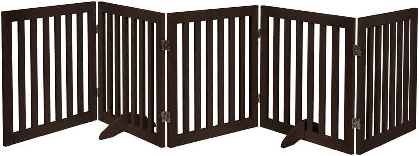 unipaws 24”H Free Standing Pet Gate for Dogs and Cats, Wooden Dog Gates for Doorway, Stairs, Dog Room Divider, Step Over Foldable Pet Fence for The House, Expandable Barrier, Indoor Use, Espresso