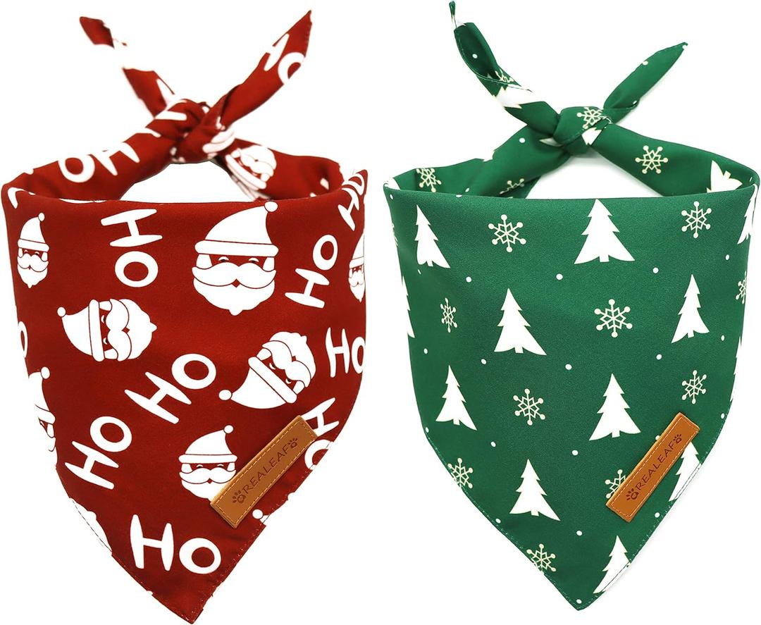Realeaf Christmas Dog Bandanas 2 Pack, Christmas Tree and Santa Claus Dog Scarf for Boy and Girl, Premium Durable Fabric, Holiday Bandana for  Dogs (Small)