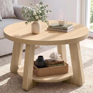 30" Round Coffee Table with Storage Shelf for Living Room, Natural