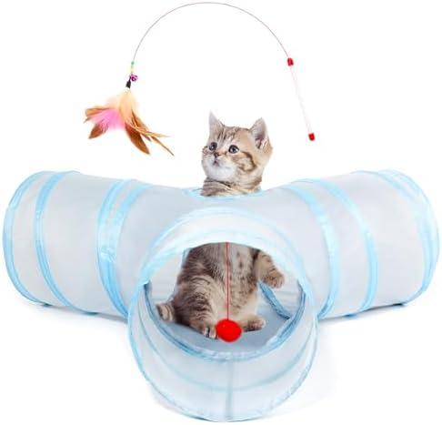 Tempcore Pet Cat Tunnel Collapsible Toy, 3-Way Kitty Tunnel with Peek Hole & Ball - Indoor Play Tube for Cats, Kittens, Puppy, Rabbit - Light Grey Boredom Relief Toy