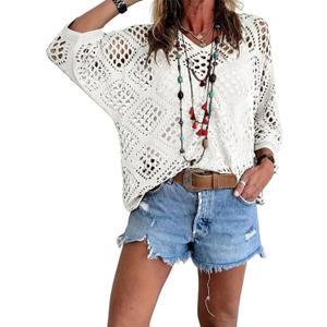 Allimy Womens Summer Crochet Long Sleeve Sexy Tops Sweaters for Women 2025 Beach Cover ups Cruise Outfits (Medium, White)