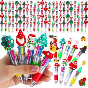 AmazingSpark 96 Pcs Christmas Mini Multicolor Pens 4-in-1 Fun Christmas Pens Gifts Bulk Holiday Ballpoint Pen Xmas Retractable Cute Cartoon Santa Snowman Writing Ink Pen for Office Supplies Present