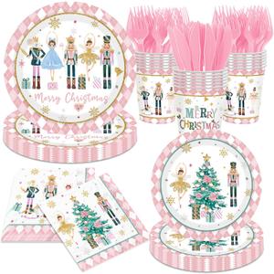 Christmas Party Tableware Decorations, 144pcs Pink Christmas Paper Plates and Napkins, Cups, Forks and Knives Xmas Paper Dinnerware for Winter Holiday Party Supplies
