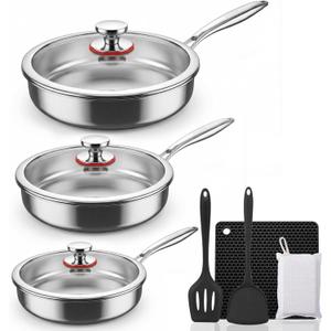 Tri-Ply Stainless Steel Frying Pan Set With Lids, 13pcs Stainless Steel Cookware Set with Detachable Handle, Induction Compatible Skillets for All Stovetops, Dishwasher and Oven Safe, Silver (8&10&12 Inch)