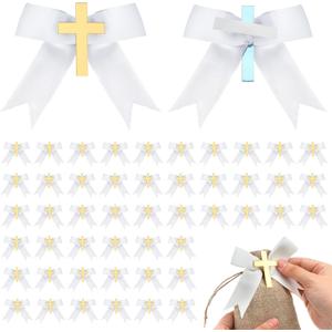 Zeyune 50 Pcs Personalized Ribbon 3.94" Baptism Favor Bows Christening Baby Shower Cross Ribbon for Crafts Gift Bags Wrapping Wedding Baby Shower Party Decorations Self Adhesive