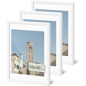 Wiscet 20x30 Picture Frame Set of 3, Display Pictures 18x24 with Mat or 20 x 30 Poster Frame Without Mat, Wall Gallery Photo Frames, White