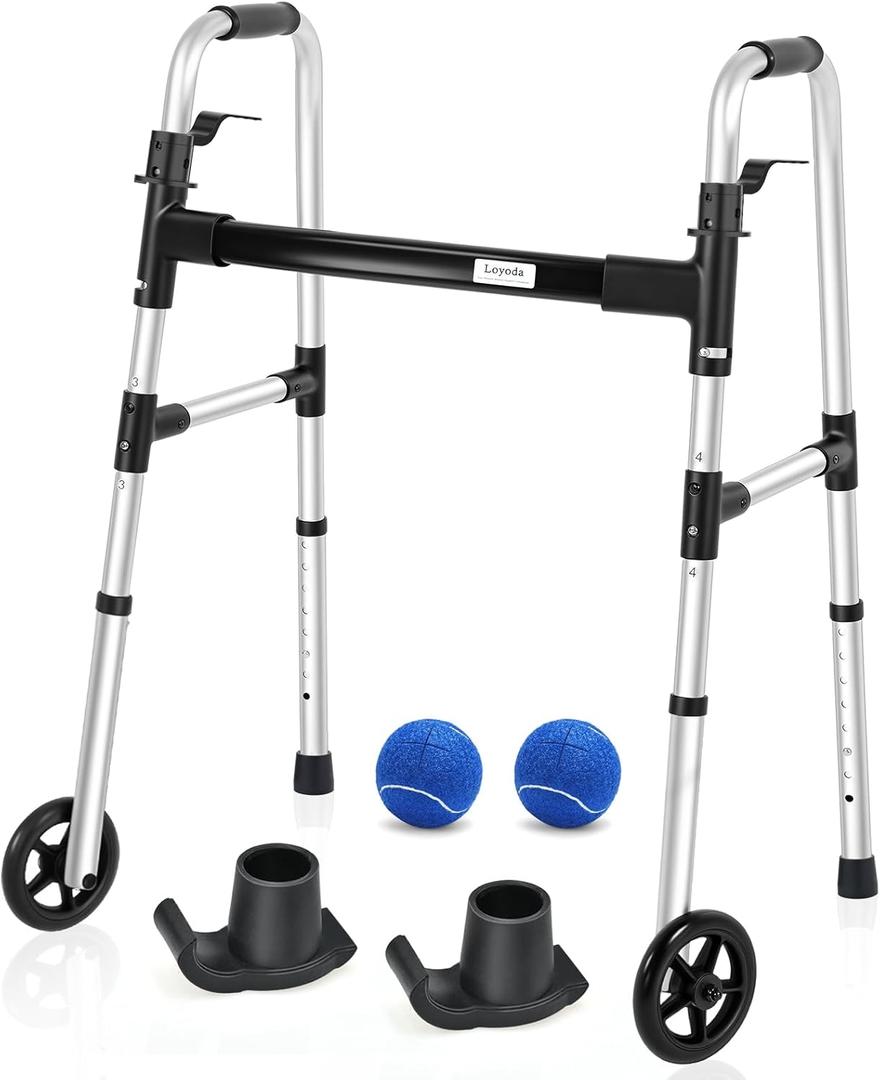 FSA/HSA Eligible Folding Walker with 2 Precut Tennis Balls, 5" Wheels Lightweight Walkers for Seniors and Adults, Supports Up to 350 Pounds, Adjustable Height, Compact Standard Walker