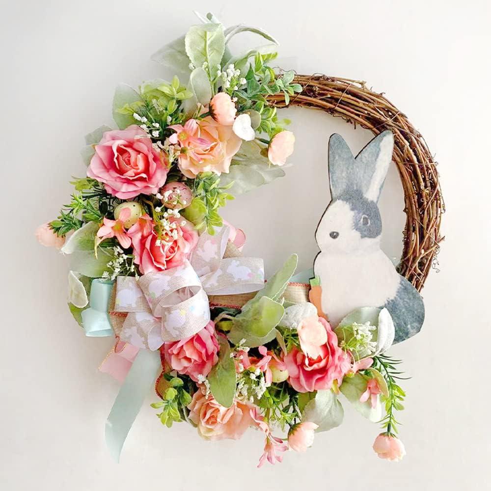 Easter Wreath for Front Door Decoration Easter Egg Bunny Flower Garland for Front Door Art Decor Spring Door Wall Window Decoration Supplies