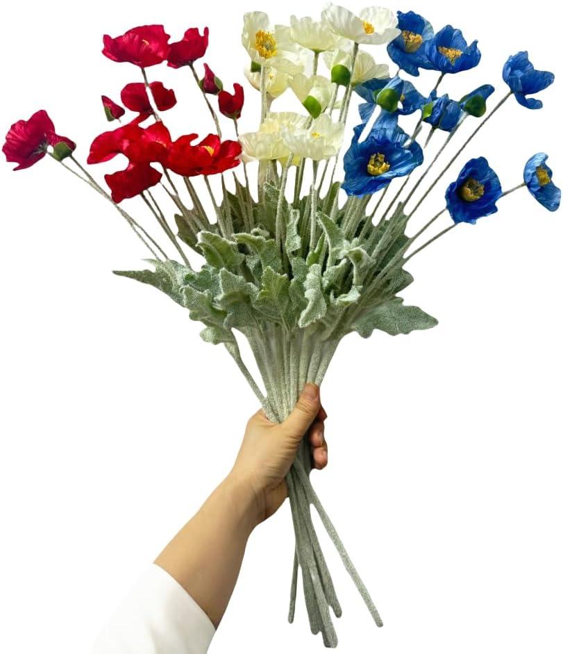 Poppy Flowers Artificial,Poppy Silk Flowers with StemsRanunculus Artificial FlowersFaux Flower Stems for Wedding,Party, Outdoor Indoor Decor flower arrangements for table (9, Red White Blue)