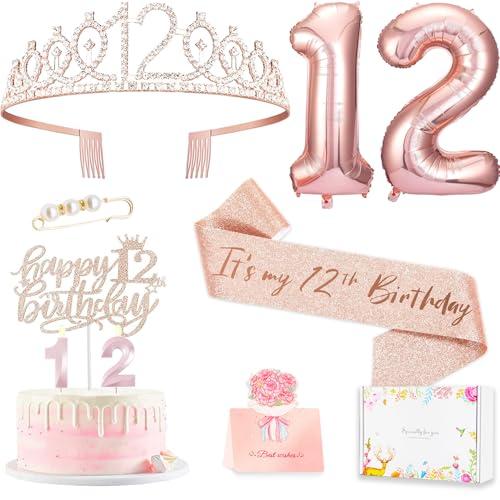 12th Birthday Decorations for Girls, Including 12 year old Cake Topper, Birthday Queen Sash with Pearl Pin, Sweet Rhinestone Tiara Crown, Number Candles and Balloons Set, Rose Gold