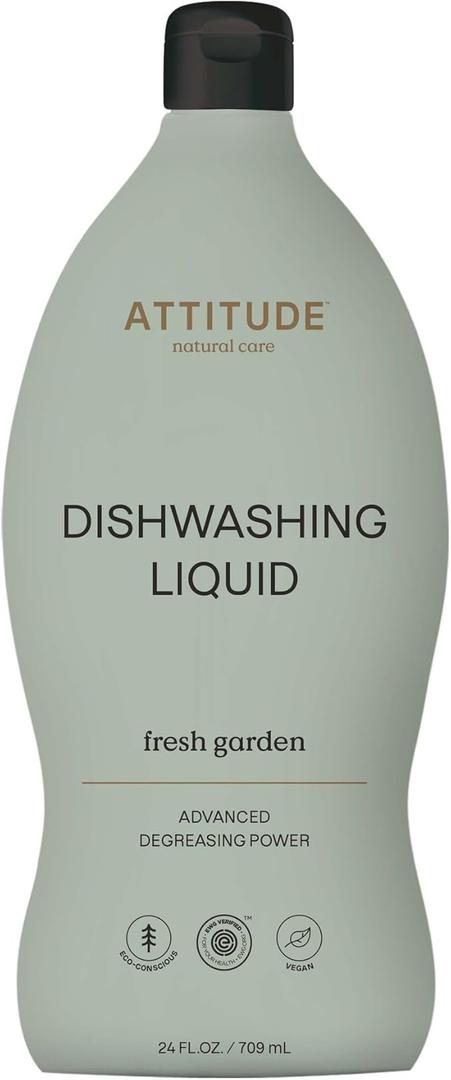 ATTITUDE Dish Soap, EWG Verified, Plant-Based & Vegan Dishwashing Liquid, Naturally Derived, Fresh Garden Scent, 24 Fl Oz