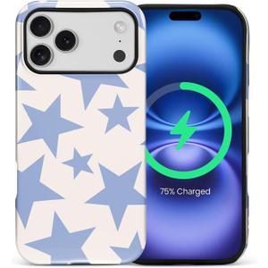 for iPhone 17 Pro Max Case for Women Girl Men Boy, Compatible with MagSafe, Shockproof Soft Silicone & Hard PC Shell Protective Case for iPhone 17 Pro Max - Light Blue Stars