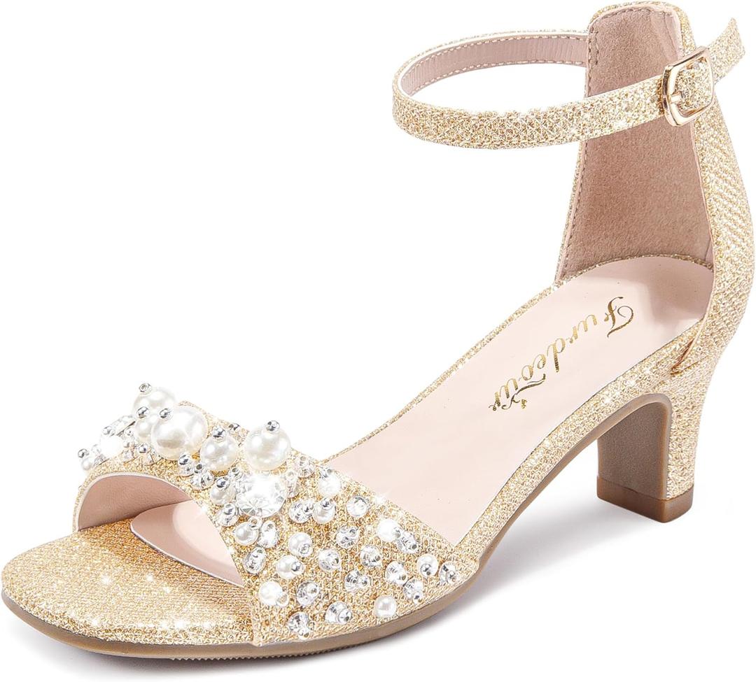 Furdeour Heels for Girls Dress Shoes Pearl Sandals Flower Girl Shoes Teen | Pearl Rhinestone, 2.12 IN Kitten High Heels, Princess, Big Kids, Wedding Dance Birthday Party Pageant Graduation School Prom, Size 1
