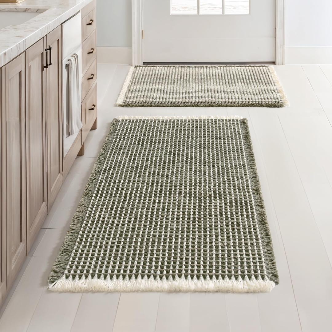 MIULEE Set of 2 Waffle Bathroom Rugs, Boho Bath Rugs Non Slip Washable, Super Absorbent Bath Mats, Ultra Soft Rubber Backed Shower Mats for Bathroom Floor, Tub, Green & Cream, 17"x24"+18"x30"