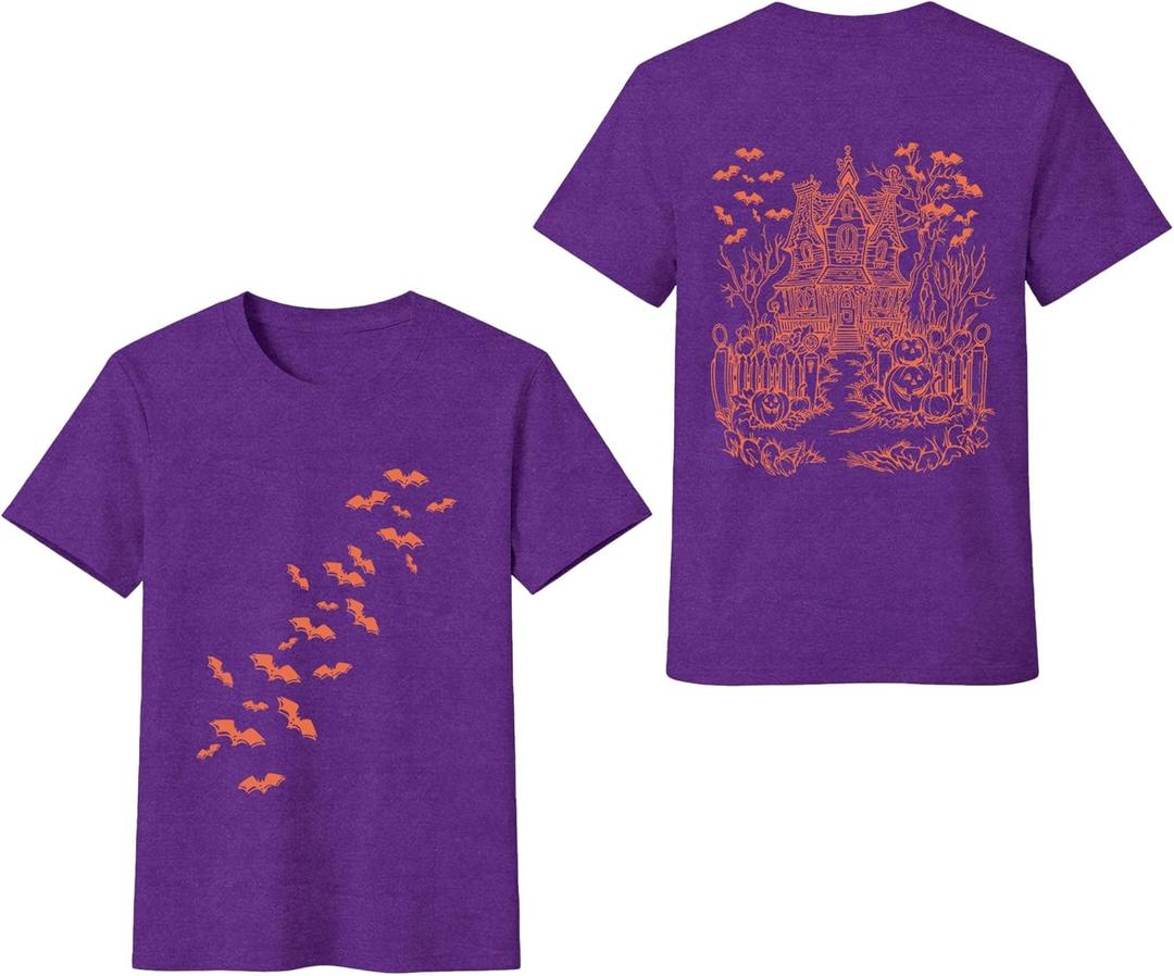 Halloween Shirts for Women Halloween Bats T-Shirt Haunted-Themed Front and Back Printing Tee Tops (Purple, M)
