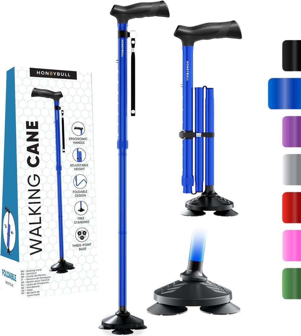 HONEYBULL Walking Cane for Men & Women Foldable, Adjustable, Heavy Duty, Free Standing, All Terrain, Collapsible Walking Sticks for Seniors & Adults (Blue)